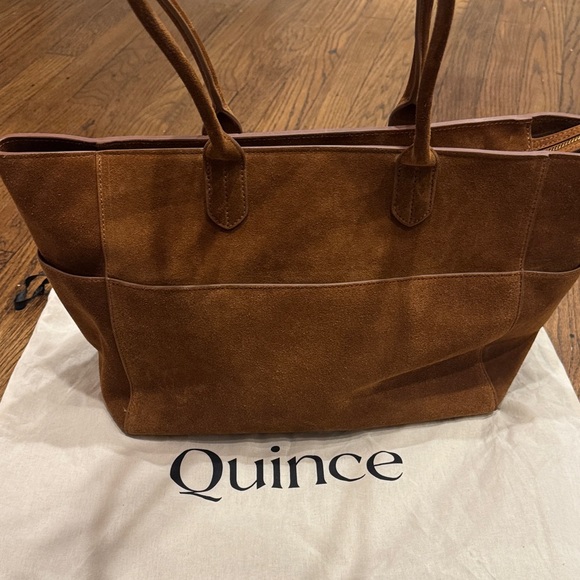 Quince Suede Zip Top Tote Bag in Whiskey Brown - Picture 2 of 15